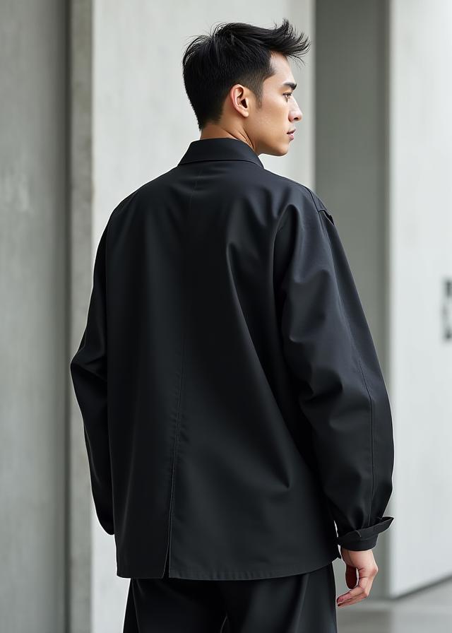 黒いサムライジャケットを着た男性