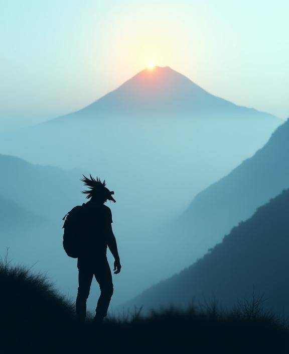 Stylized silhouette of a hiker resembling a Tengu against a misty mountain backdrop.