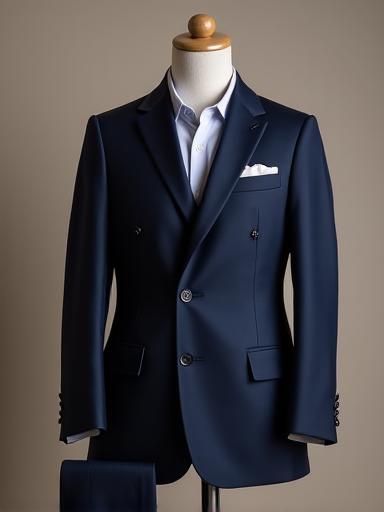 Navy blue two-piece suit crafted from Italian Merino wool