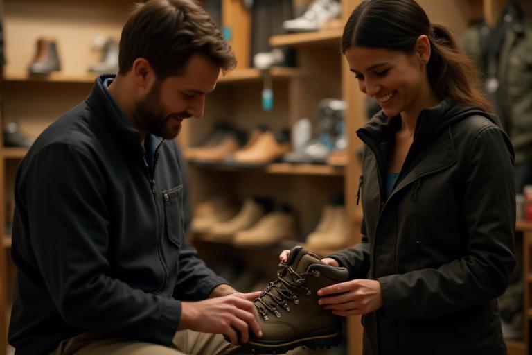 A Tengu Ridge staff member expertly assisting a customer with fitting hiking boots.