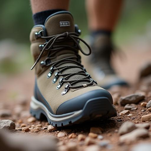 Close-up of a durable Tengu Ridge hiking boot on a rocky trail.
