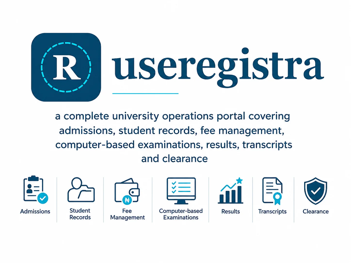 Registra — university operations portal covering admissions, student records, fee management, computer-based examinations, results, transcripts and clearance